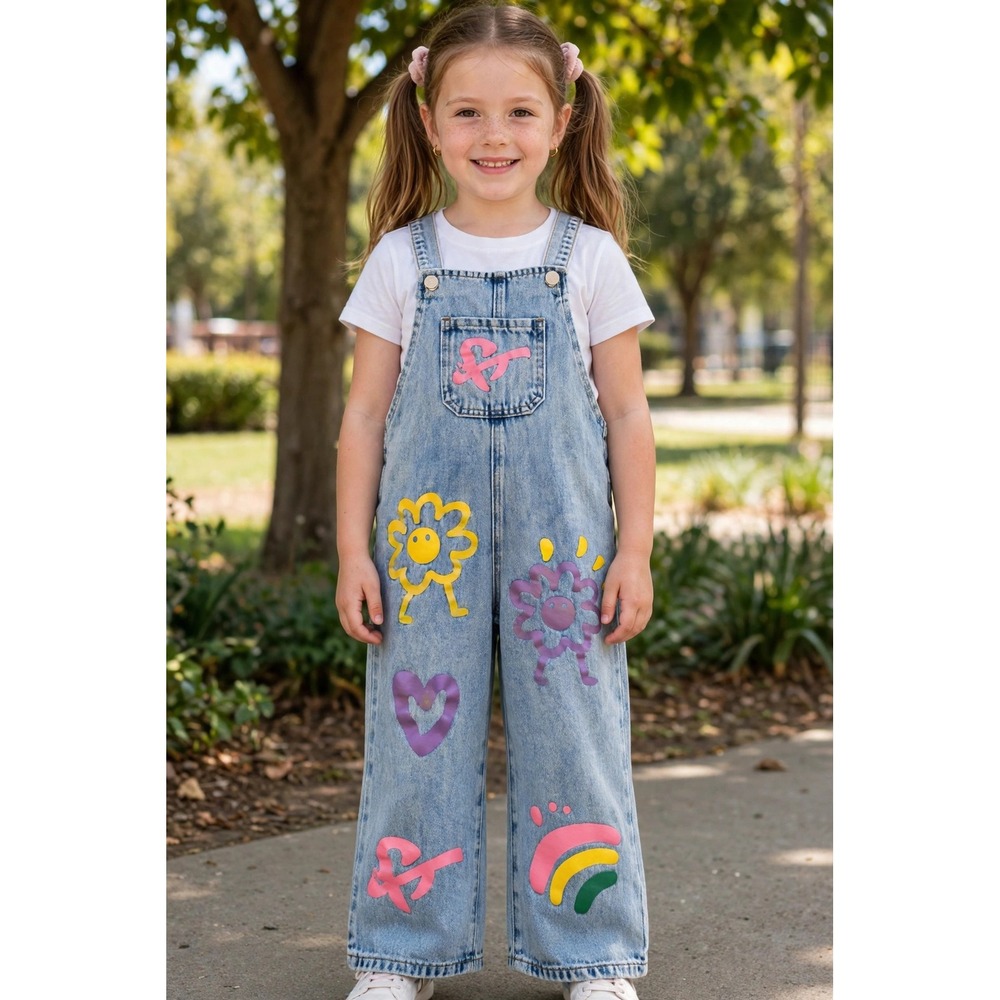 Girls Bib Overalls 6Y Graphic Flower Heart Rainbow Light Wash Wide Leg Denim